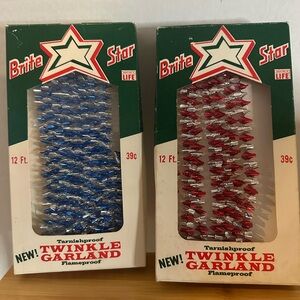 Vintage Brite Star Twinkle Christmas Garland Set Blue & Red 12ft/Box Made in USA